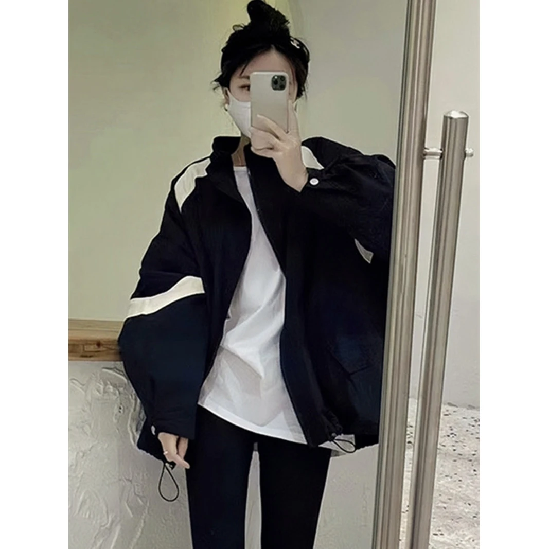 黑白撞色冲锋衣外套女2023春秋季新款小个子薄款抽绳休闲运动夹克