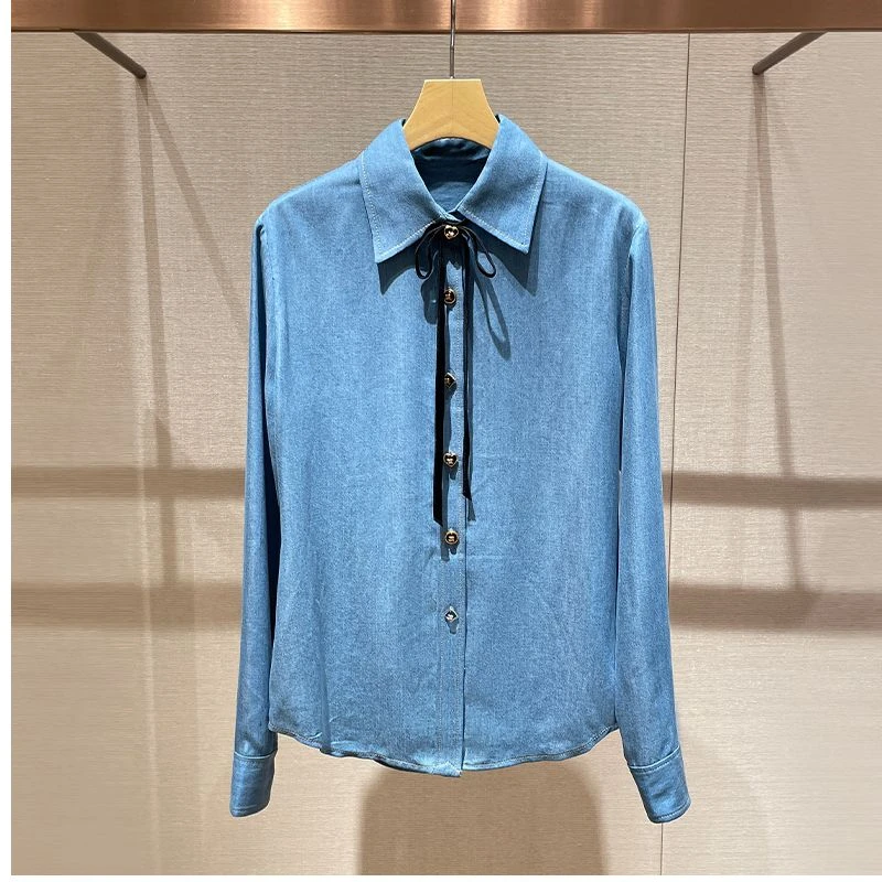 蓝色衬衫秋冬新款法式气质小众别致蝴蝶结长袖上衣女