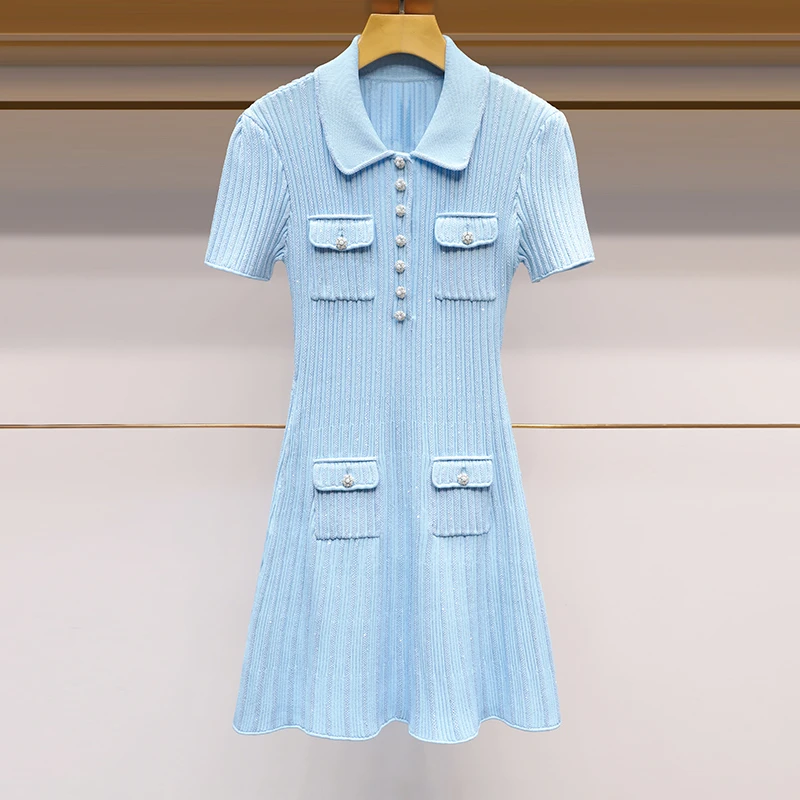 针织连衣裙2024夏季新款少女风精致钻扣翻领修身显瘦短袖针织裙女