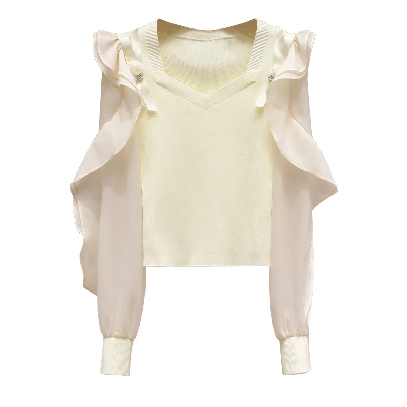 早秋2023新款甜美气质蝴蝶结荷叶袖法式显瘦桃心领针织衫
