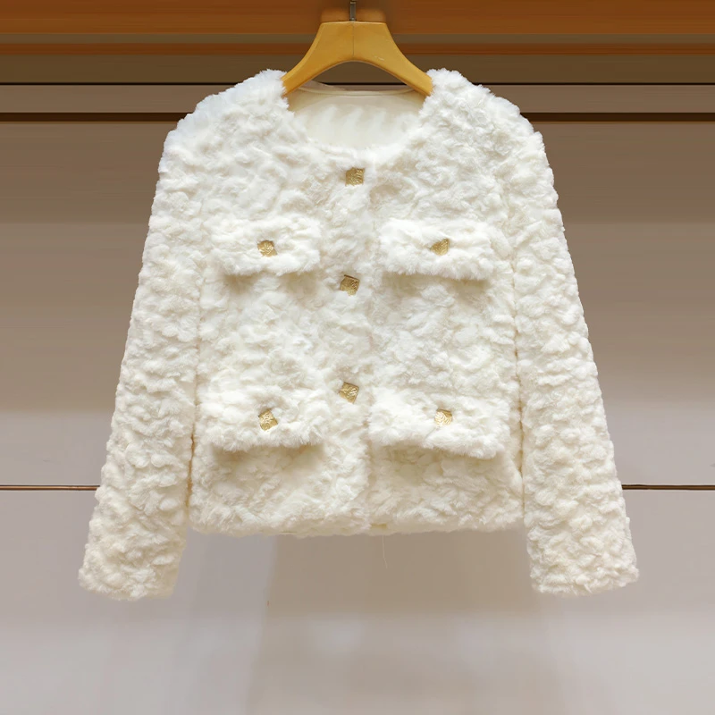 2023秋装新款时尚高级感小香风糕毛绒棉服百搭单排扣休闲短外套女
