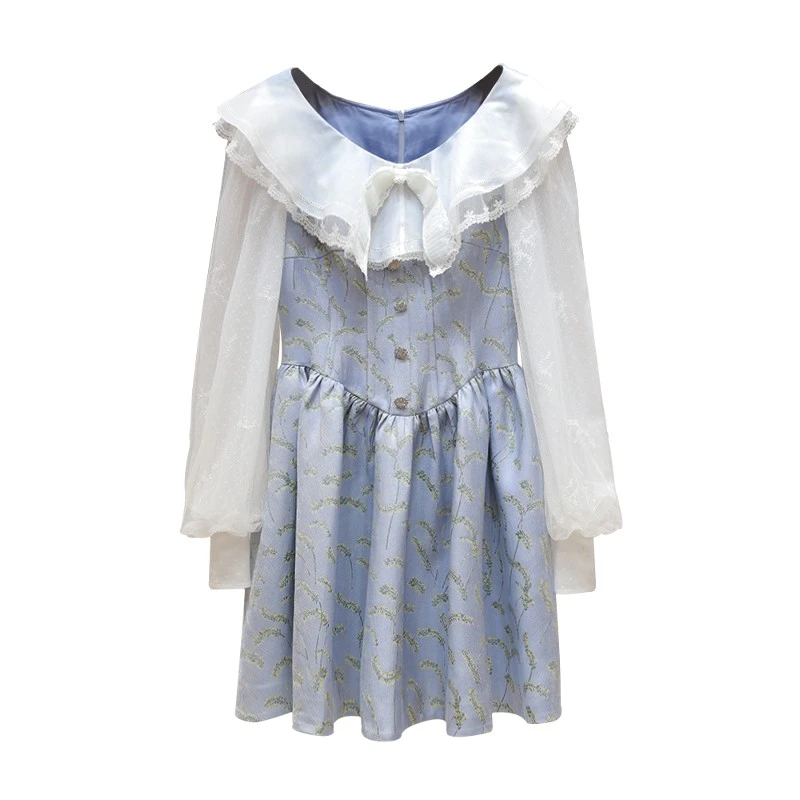 2025春季新款小清新蕾丝荷叶边蝴蝶结碎花收腰长袖网纱甜美连衣裙