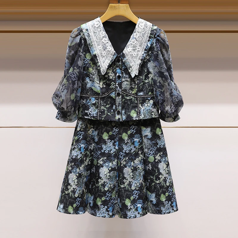 套装时尚洋气减龄显瘦遮肉两件套2024新款蕾丝花边上衣短裙名媛风