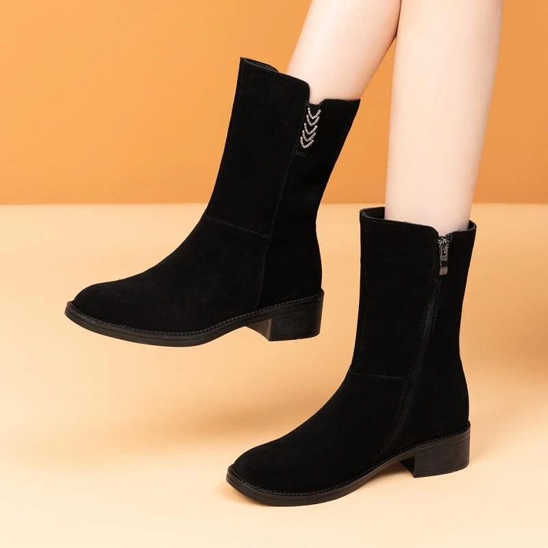 2024粗跟磨砂短靴女真皮韩版厚毛雪地靴拉链女靴水钻平跟保暖短筒