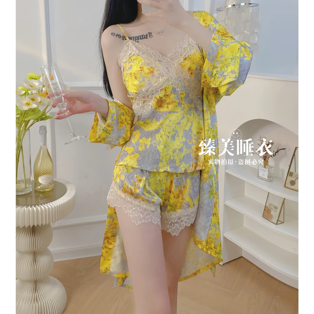 黄色战袍女款2023款网红款纯欲吊带短裤外袍睡衣胸垫性感WX月光丝