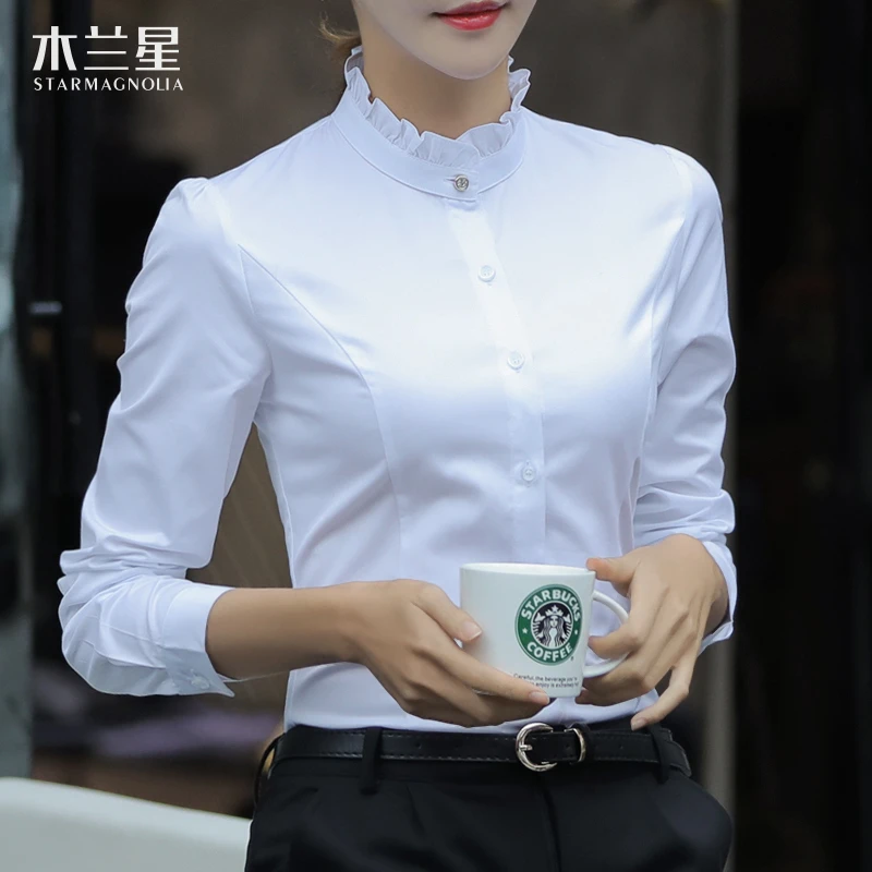 白衬衫女新款春季洋气职业正装时尚花边立领衬衣长袖女士工作服