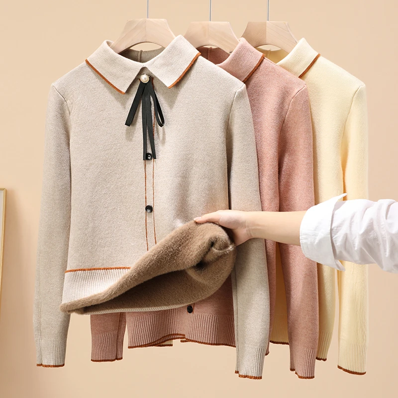 毛衣女秋冬新款2023爆款polo领时尚洋气加厚保暖软糯一体绒打底衫