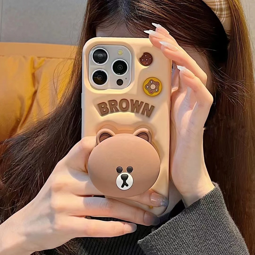 ins布朗熊硅胶支架适用苹果15手机壳iphone14promax防摔软壳13