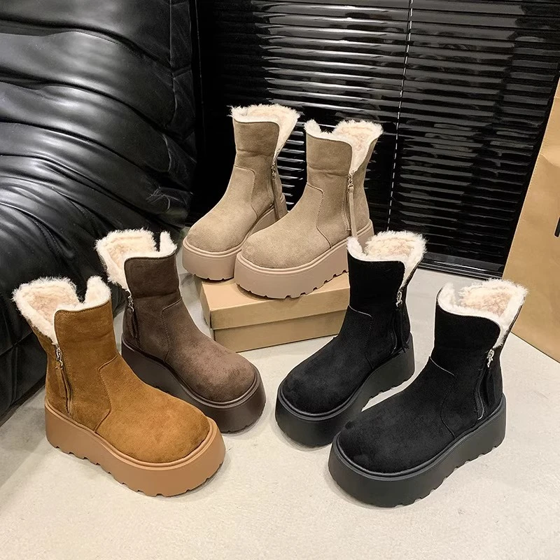 厚底时尚雪地靴女冬季2024新款加绒加厚短筒马丁靴抗寒保暖大棉鞋