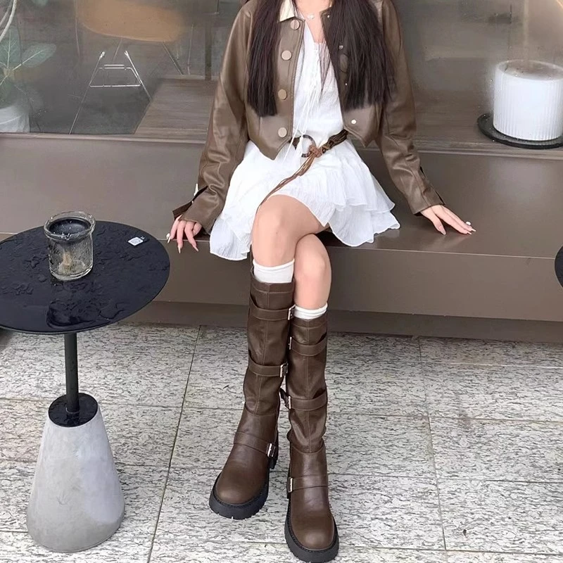 美拉德风靴子女秋冬小个子厚底长筒靴2025新款长靴骑士靴时尚百搭