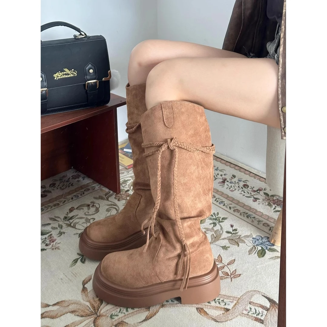 韩版网红爆款不过膝长筒时装靴子女2024秋季百搭厚底增高显瘦长靴