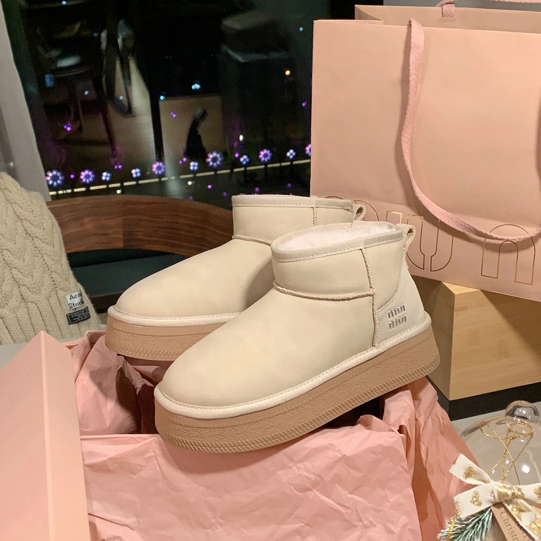 圆头厚底短筒加绒雪地靴女2024年新秋冬时尚百搭加绒棉鞋迪普短靴