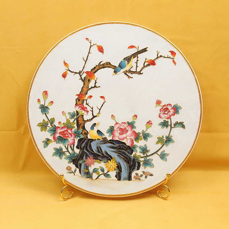 花鸟瓷盘摆件掐丝珐琅彩新中式玄关客厅坐盘景泰蓝手工桌面礼品