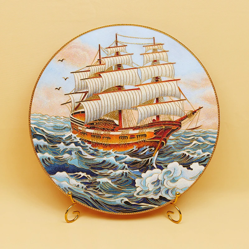 一帆风顺铝盘摆件掐丝珐琅彩欧式入户玄关桌面坐盘景泰蓝手工礼品