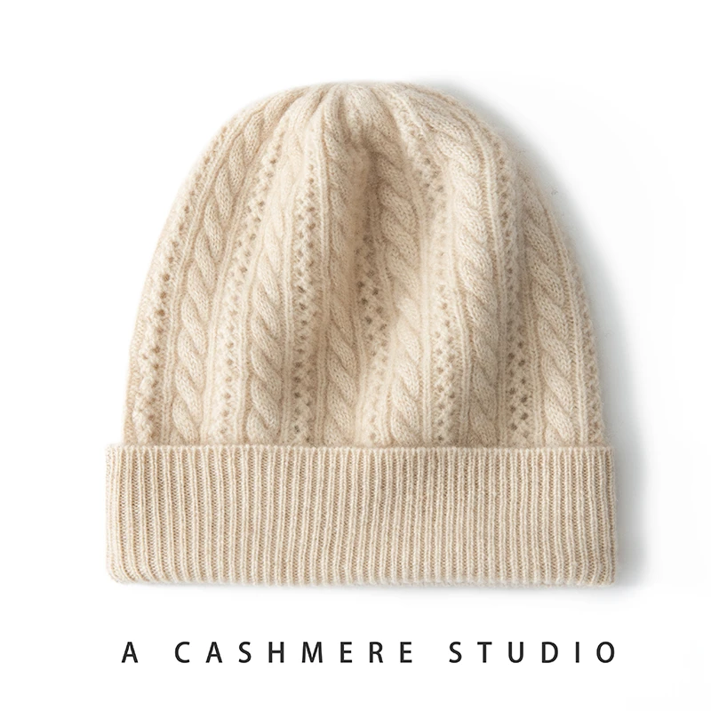 100%山羊绒帽子女秋冬韩版百搭显脸小护耳休闲针织帽镂空堆堆帽