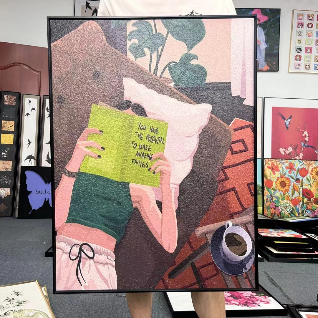 美式慵懒看书少女卧室床头装饰画客厅落地画玄关摆件挂画6080