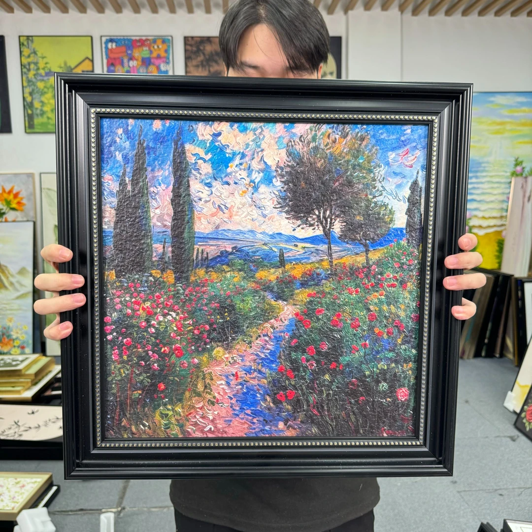 砂岩欧框北欧花海装饰画复古文艺高级感玄关卧室壁画装饰画5050