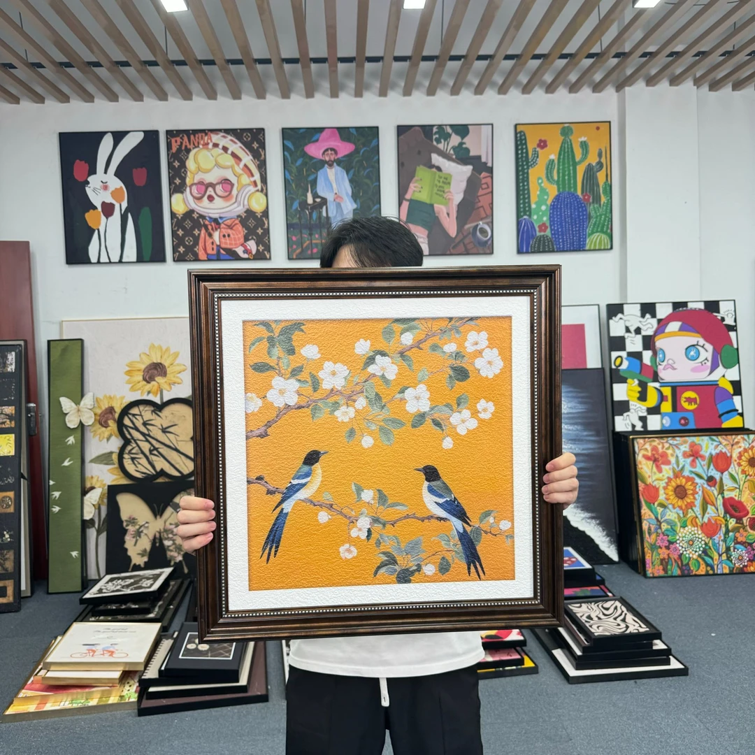 黄色《喜上眉梢》中古风客厅装饰画玄关画法式原创卧室床头挂画6060