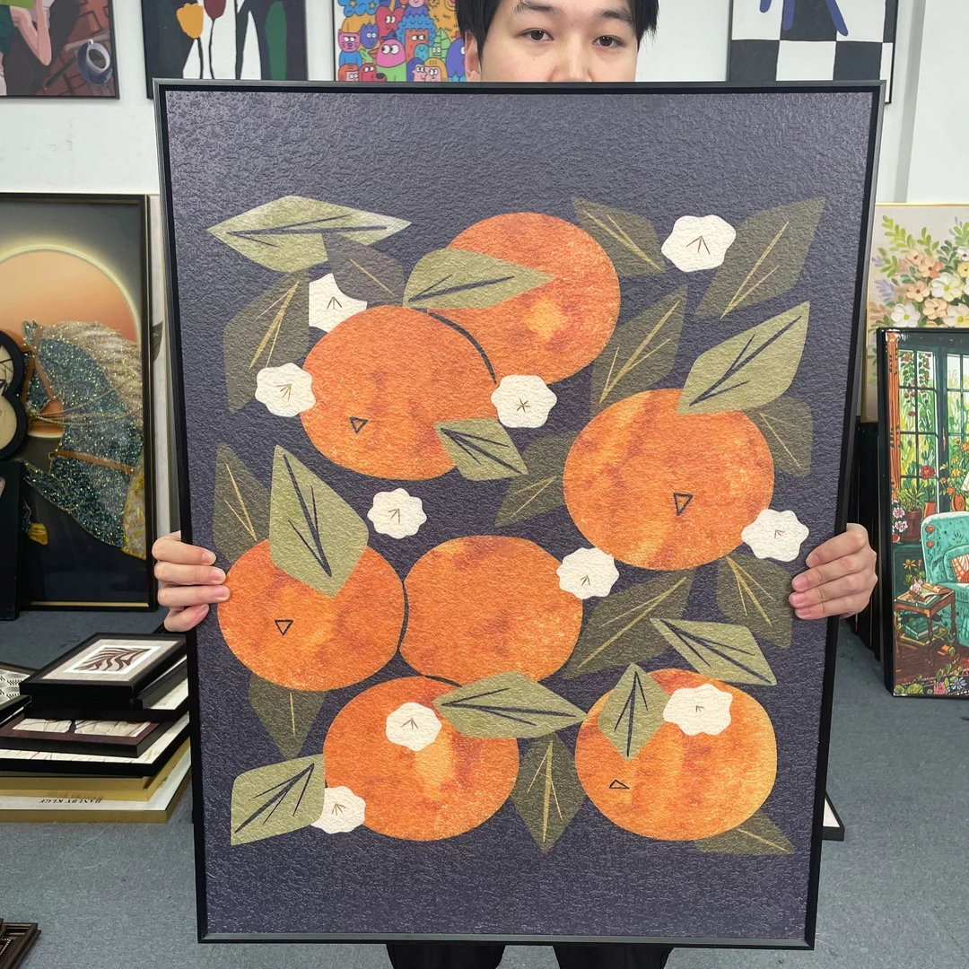 砂岩现代简约复古风植物橙子寓意好入户玄关客厅背景墙装饰画6080