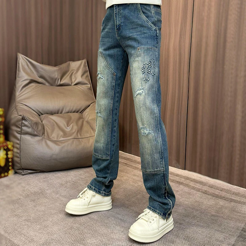 2025新款牛仔裤男士复古个性破洞小直筒裤子春季美式潮牌休闲长裤