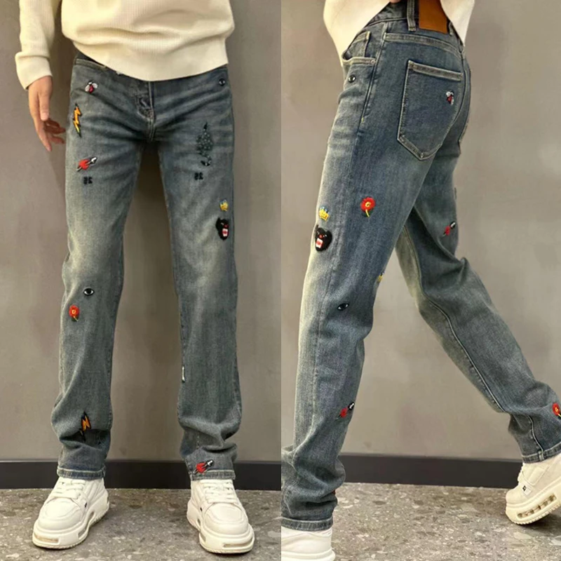 2025秋冬百搭手工刺绣男士重工美式水洗高品质潮流水洗宽松小直筒