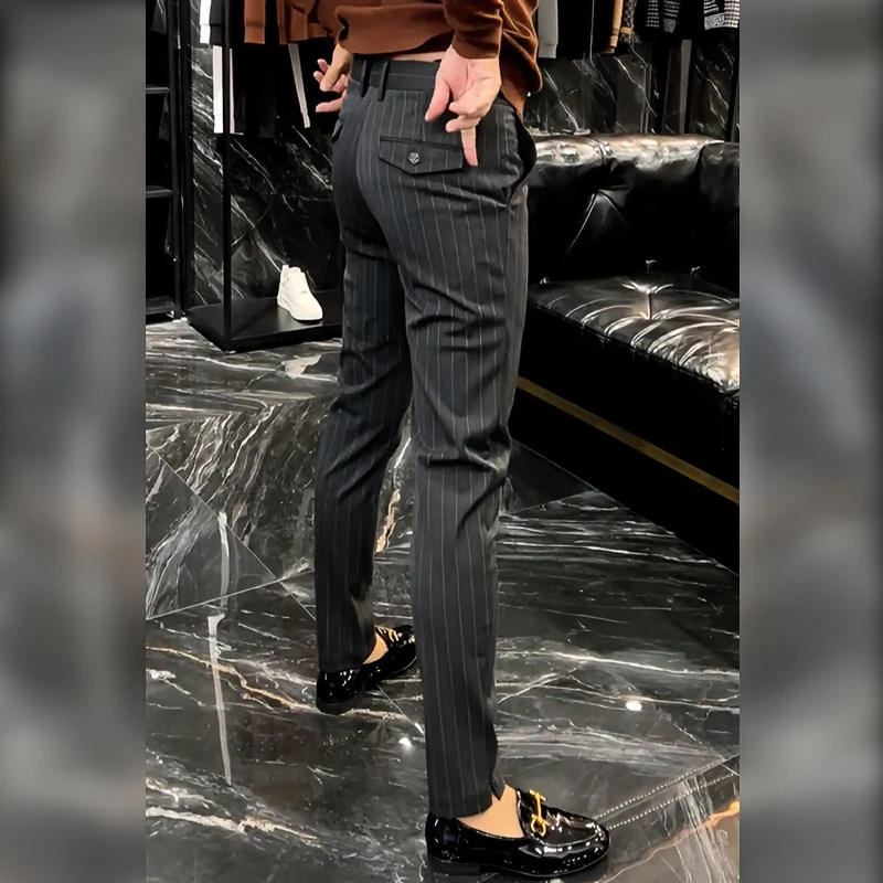 男士时尚修身条纹商务春季新款韩版休闲裤子高端大气直筒小脚裤