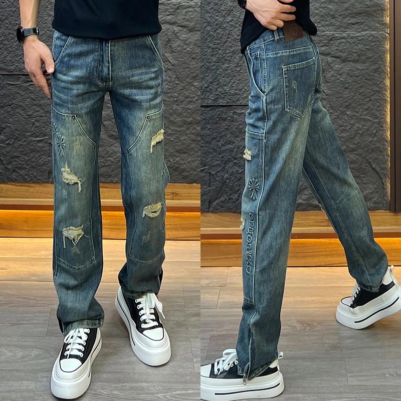 高端牛仔裤秋季新款直筒弹力休闲牛仔裤潮牌修身百搭休闲时尚男裤