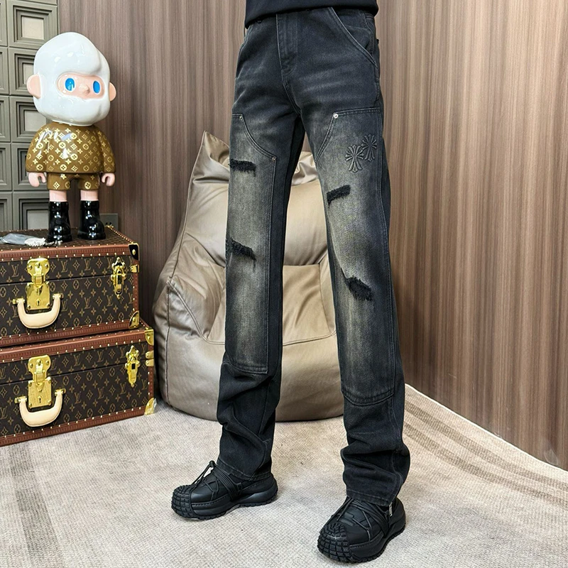 牛仔裤男潮流宽松美式高街男裤水洗百搭时尚破洞直筒复古牛仔裤
