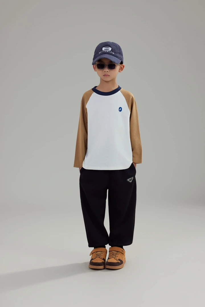 D-M（美式节奏）秋季百搭男女儿童拼接插肩袖拼接宽松重磅圆领T恤