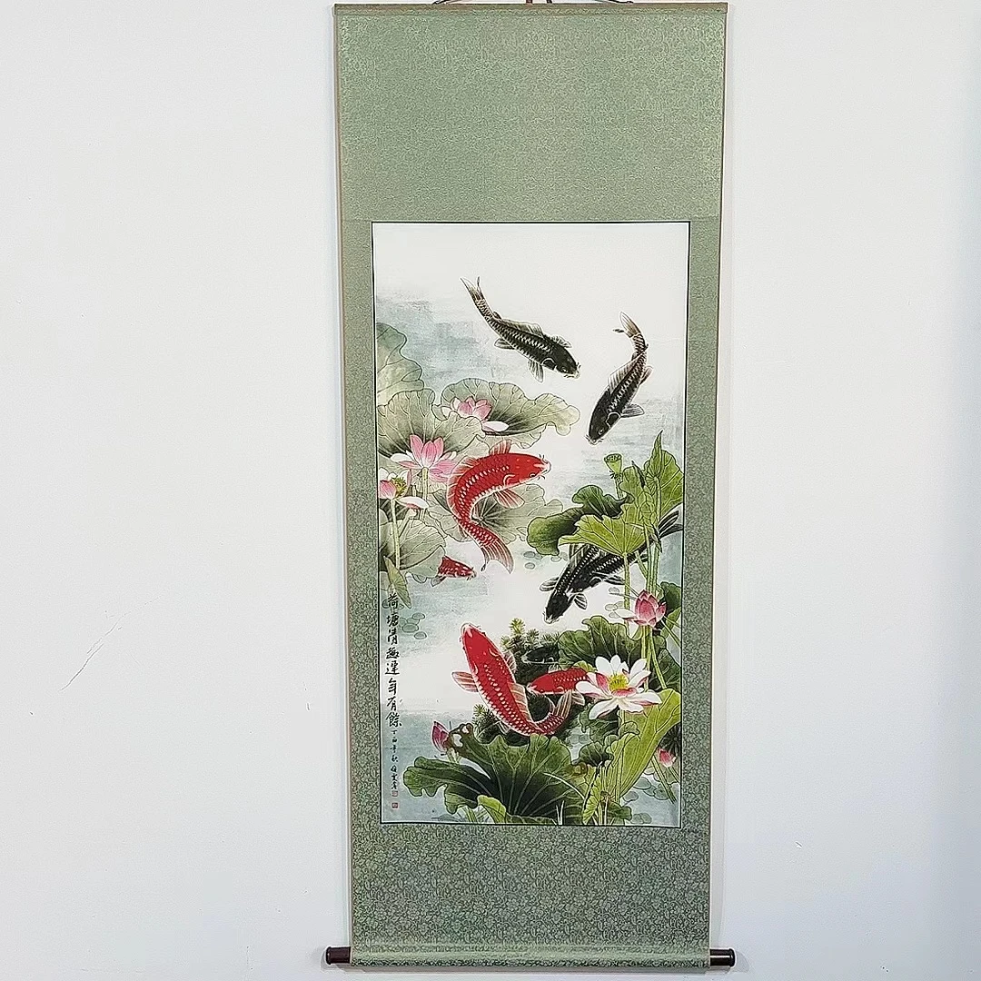 精装（九鱼图）客厅书房茶室国风山水图挂画装饰画