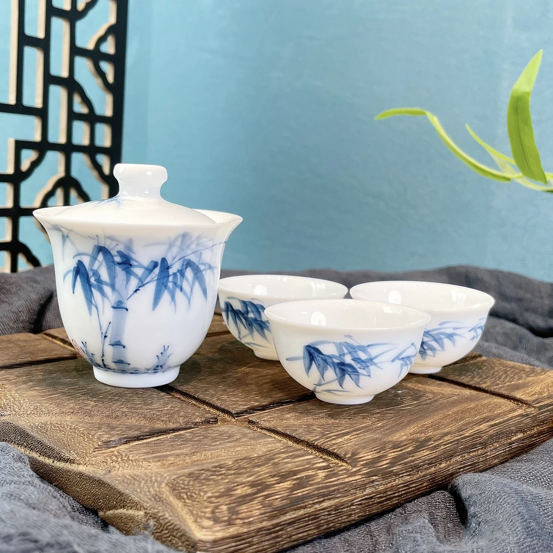手绘竹子小盖碗90ml盖碗白玉瓷陶瓷茶具高温釉下彩加三个25ml客杯