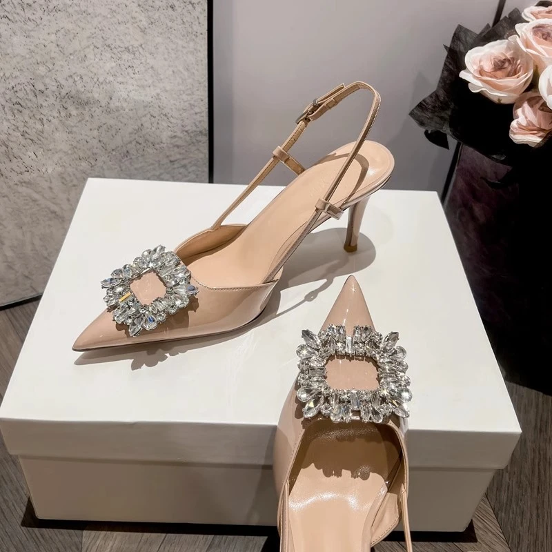 2024年春夏新款尖头漆皮水钻黑色高跟鞋女细跟凉鞋包头单鞋裸色