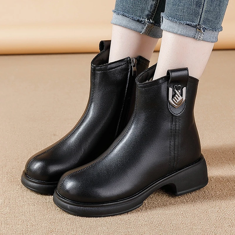 高密绵羊毛短靴女冬季中跟保暖侧拉链棉靴防水防滑防滑中老年女靴