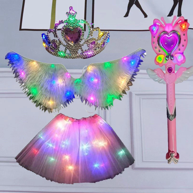 发光布艺天使翅膀女童背饰精灵翅膀皇冠投影魔法棒一套六一节礼物