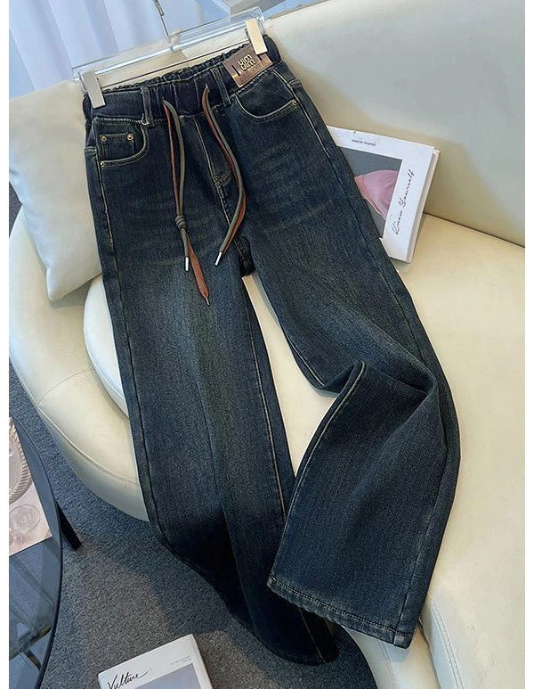 2024年新款窄版复古蓝松紧牛仔裤女新款高腰宽松阔腿直筒裤女显瘦