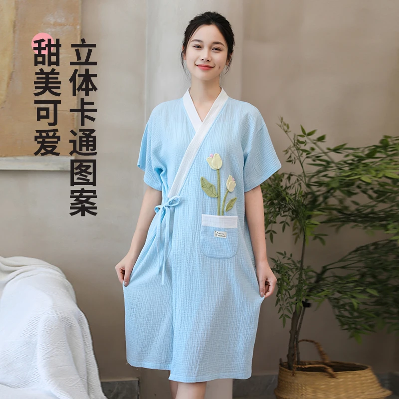 可穿式浴袍纯棉男女成人洗澡吸水速干全棉纱布甜美浴巾睡袍家居服
