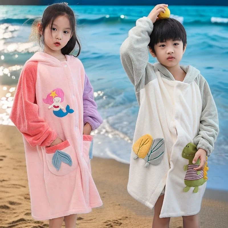 儿童四季通用可穿式浴巾中大童男女孩家用洗澡速干柔软带帽浴袍