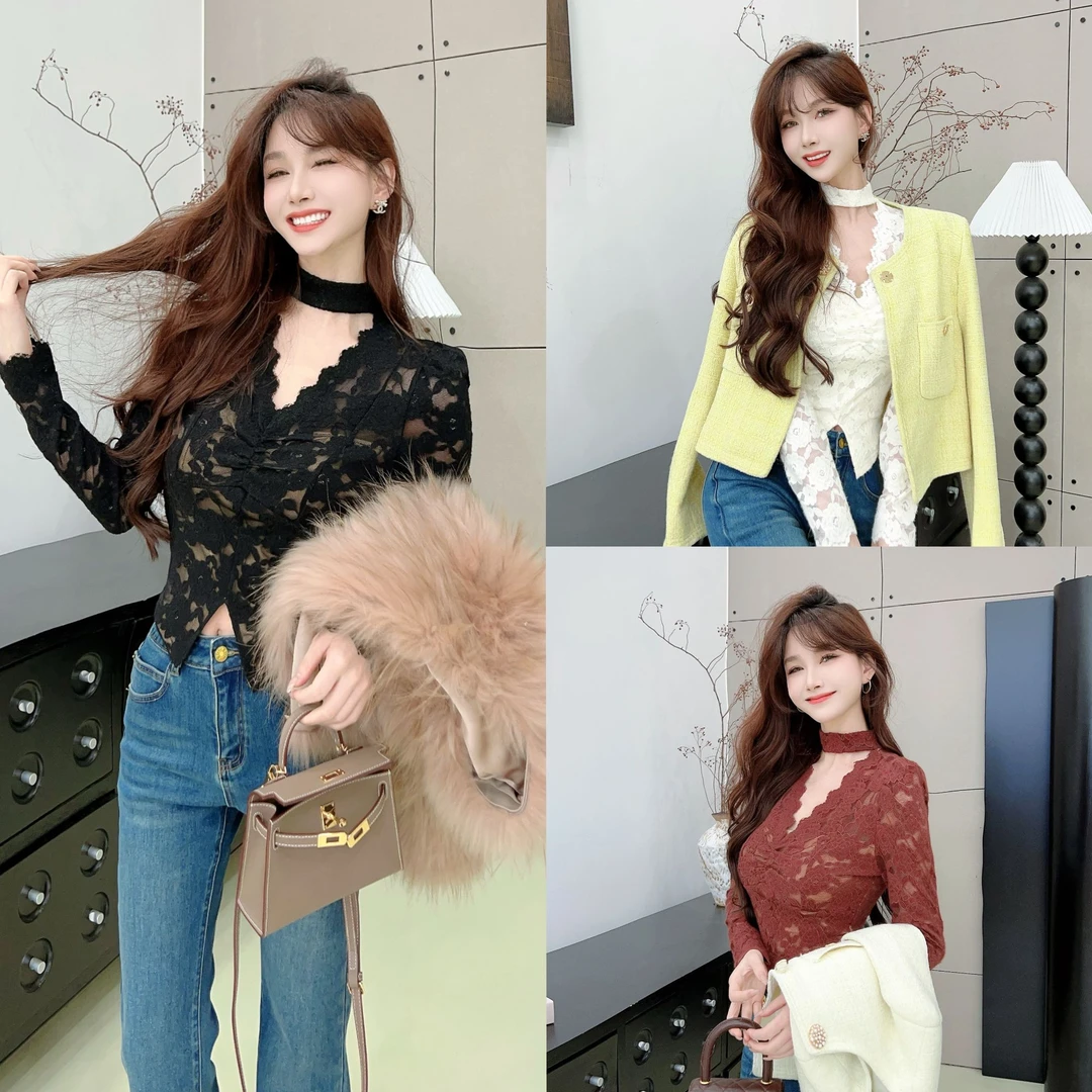 《娇嗲玫瑰》性感挂脖蕾丝V领打底衫（衣长46）（#8335）