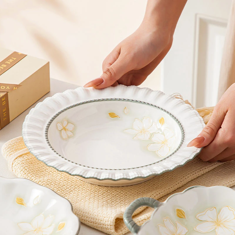 【黄金叶草帽盘2个装】家用陶瓷餐具草帽盘小清新餐盘汤盘菜盘