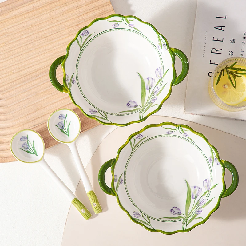 郁金香家用新款双耳盛汤碗陶瓷汤盆汤碗沙拉碗2碗2勺