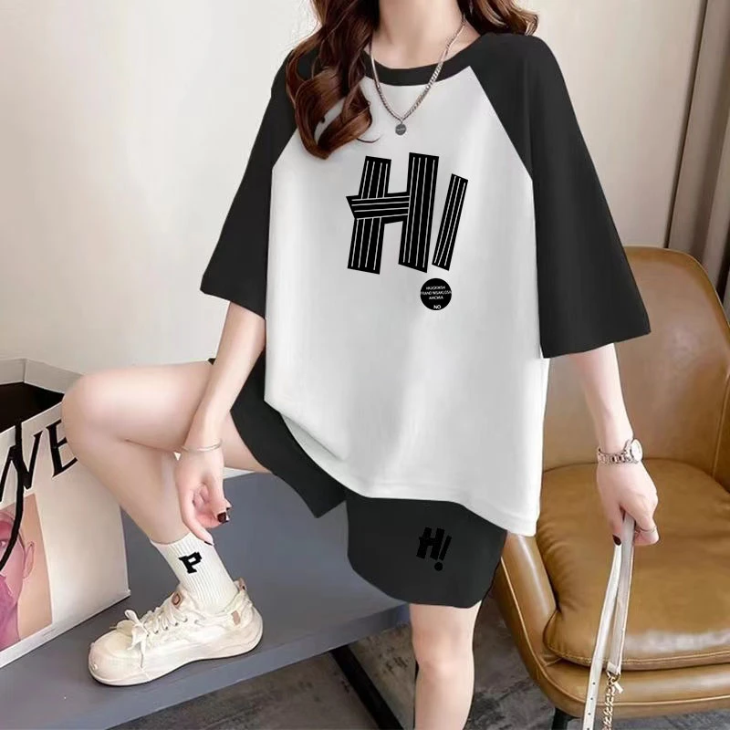 潮牌短裤休闲运动套装女夏季薄款2025网红时尚洋气减龄大码两件套