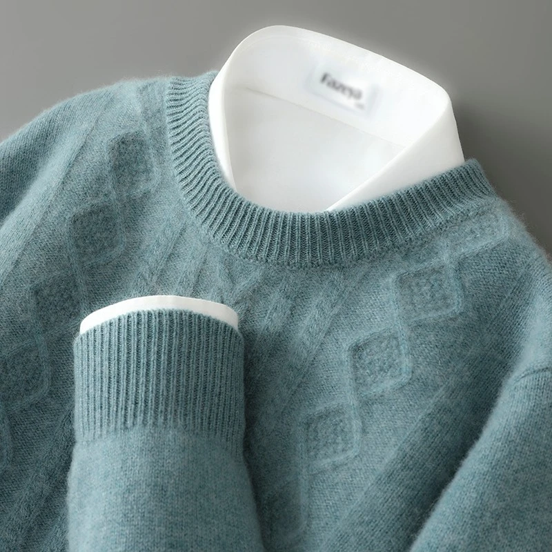 秋冬新款宽松加厚套头纯羊毛衫扭花休闲商务毛衣男圆领针织衫