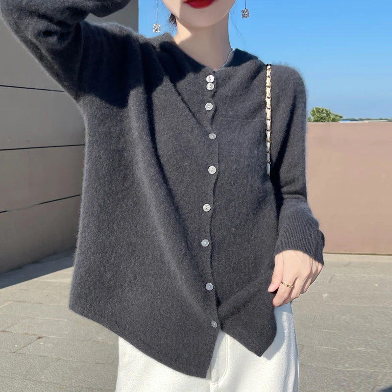 连帽系扣女纯羊毛开衫宽松针织衬衫款时尚减龄港风毛衣外套上衣