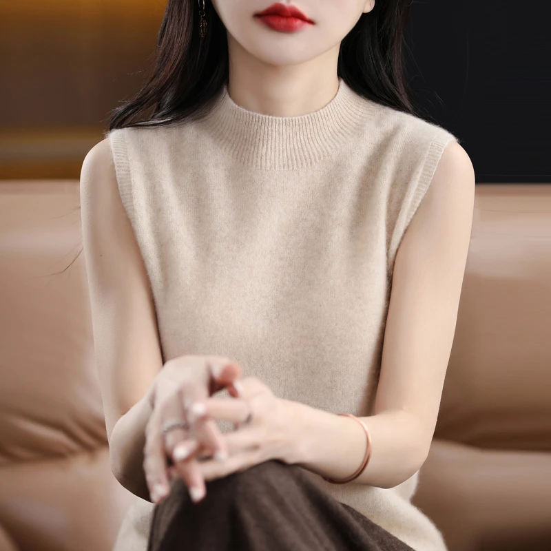 【100%羊毛】半高领宽松无袖打底针织休闲气质吊带背心女内搭