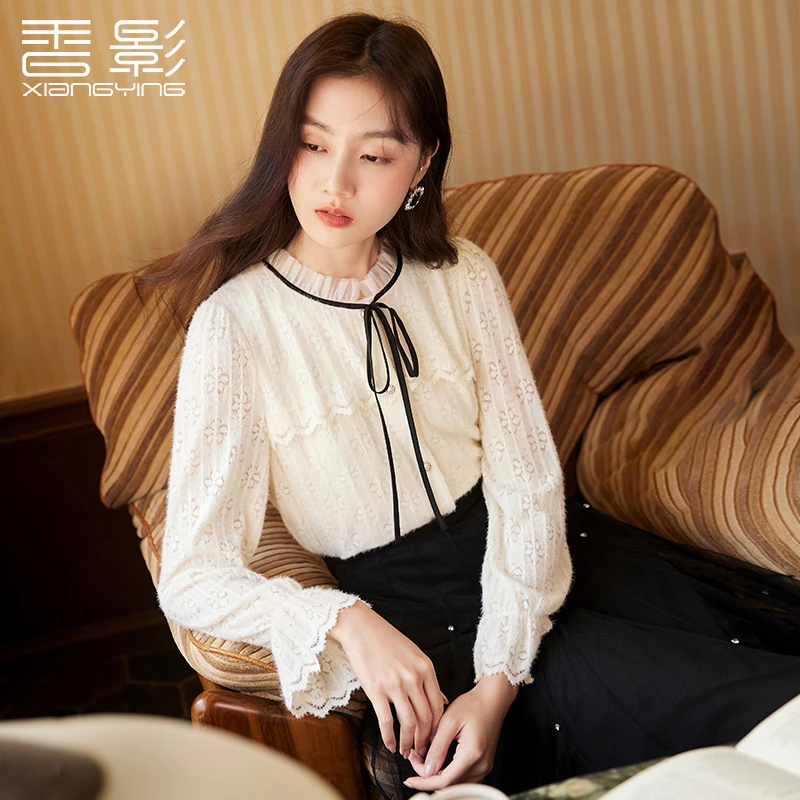 C834045衬衫 香影立领蕾丝衬衫女2024秋冬季新款法式气质淑女米白