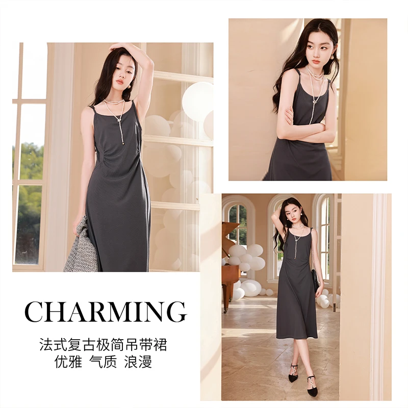 Q833020连衣裙 香影黑色吊带连衣裙女2023秋季新款抽褶显瘦气质