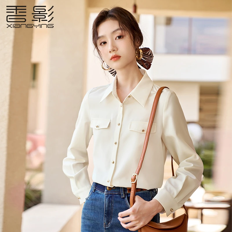 C834179衬衫 香影雪纺衬衫女长袖2023秋冬新款气质翻领米白色上