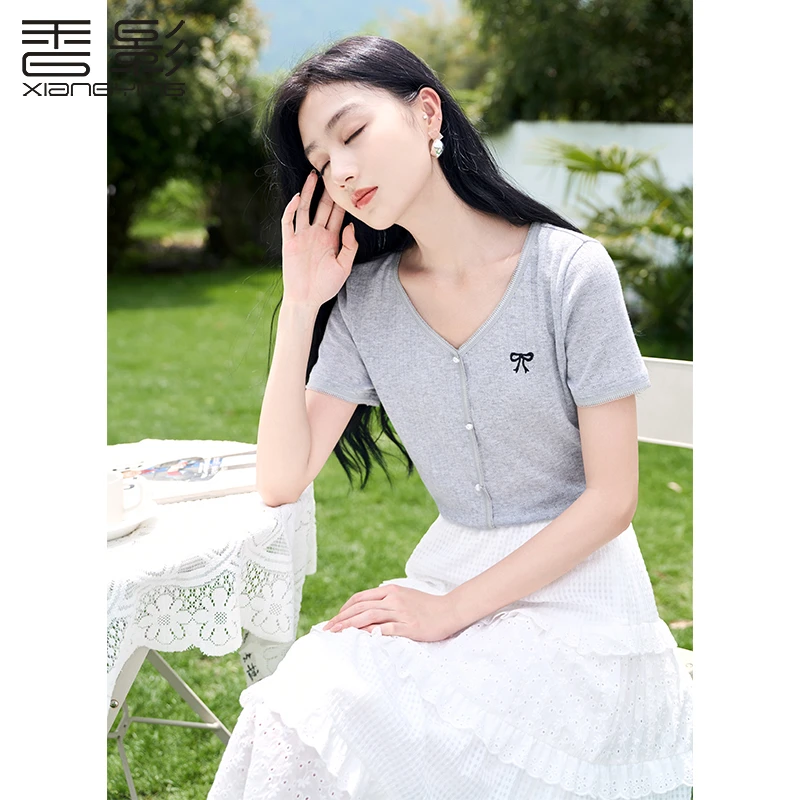【赵老板专属】X842432 T恤 香影v领休闲短袖女夏季新款甜美显瘦