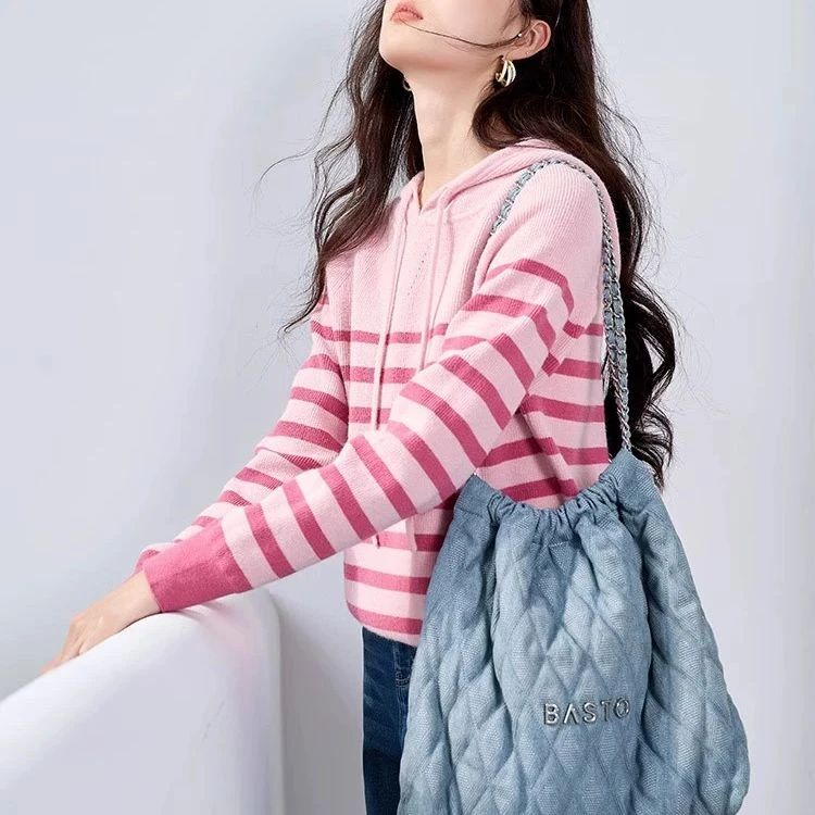 N834166毛针织衫 香影粉色条纹针织衫女2024秋冬新款长袖甜美简约