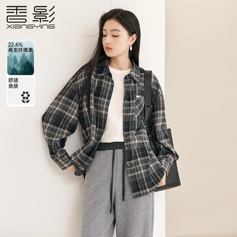 C844152衬衫 香影休闲格子衬衫女2024秋冬新款复古长袖衬衣宽松
